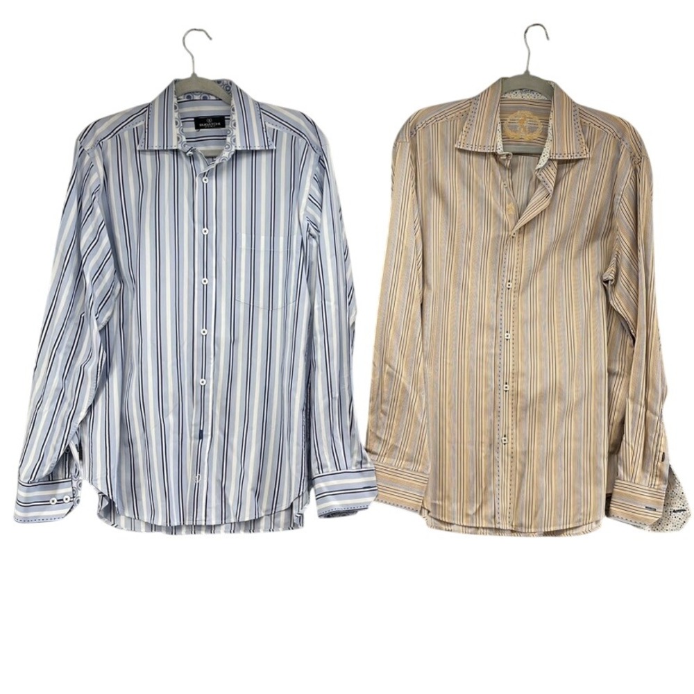 Bugatchi Uomo Button Down Shirt Mens XL Blue Tan Striped Shaped Fit Cotton Lot 2
